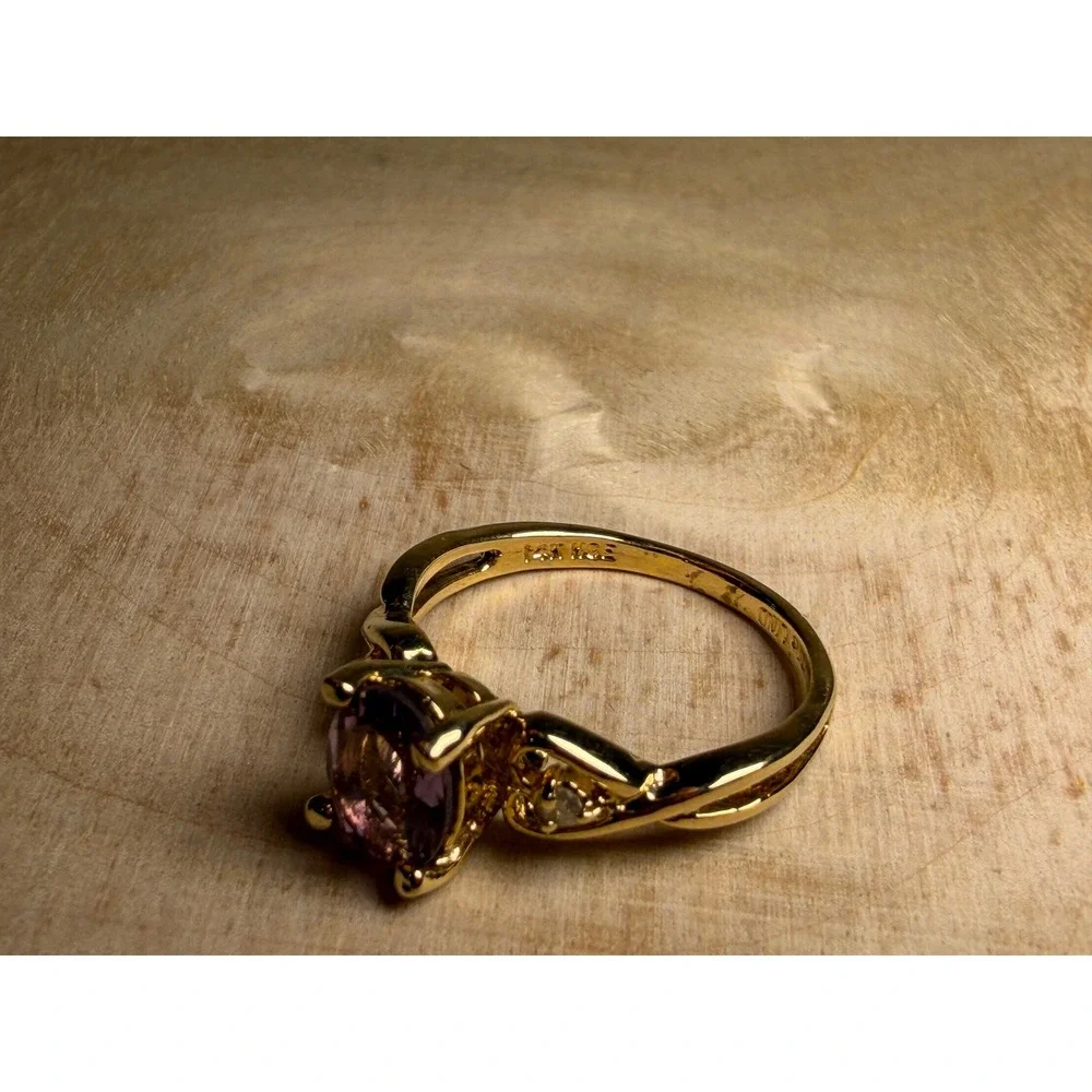 14K HGE Yellow Gold Oval Amethyst and Diamond Accent Twisted Band Ring‎ Size 7